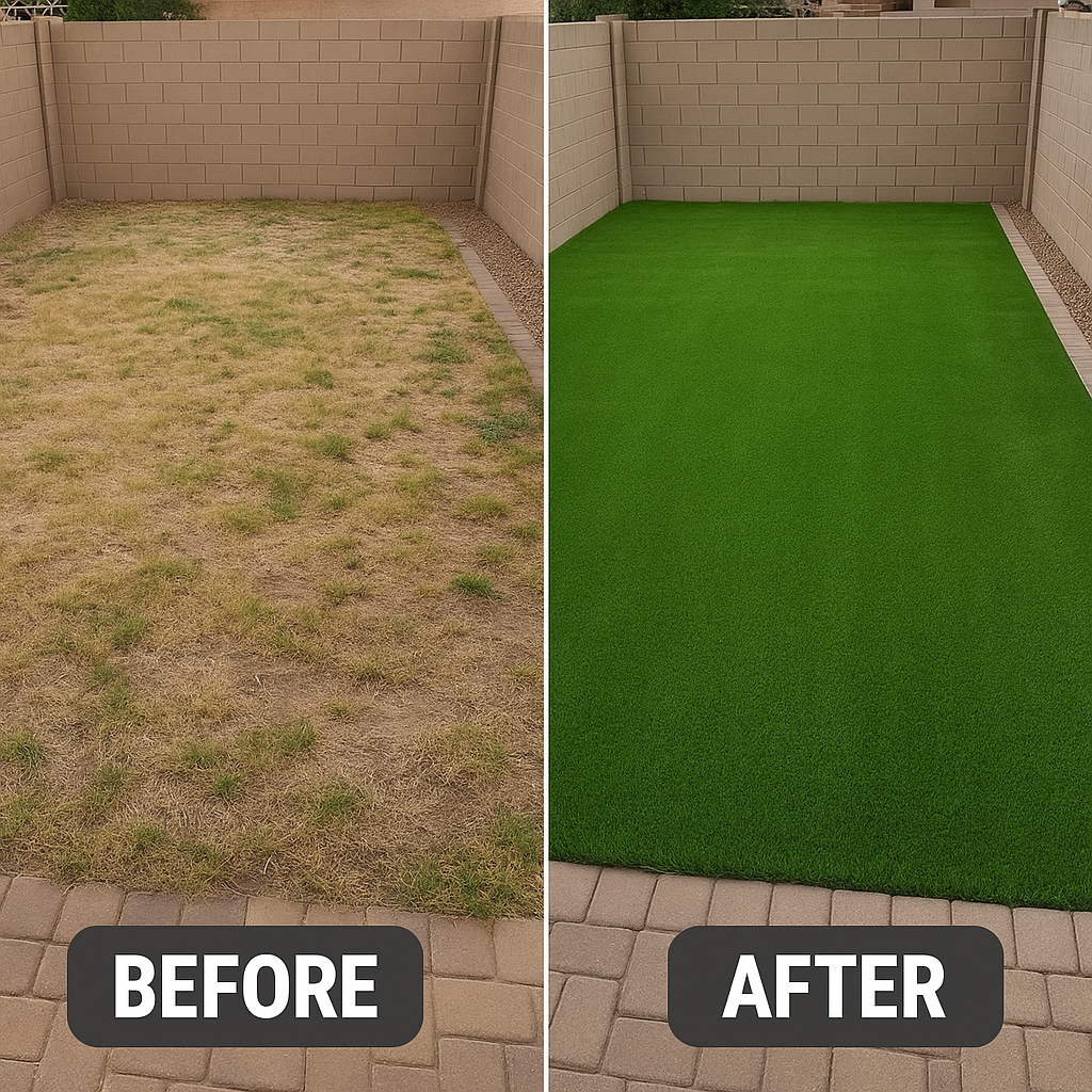 Before and after images of artificial grass installation