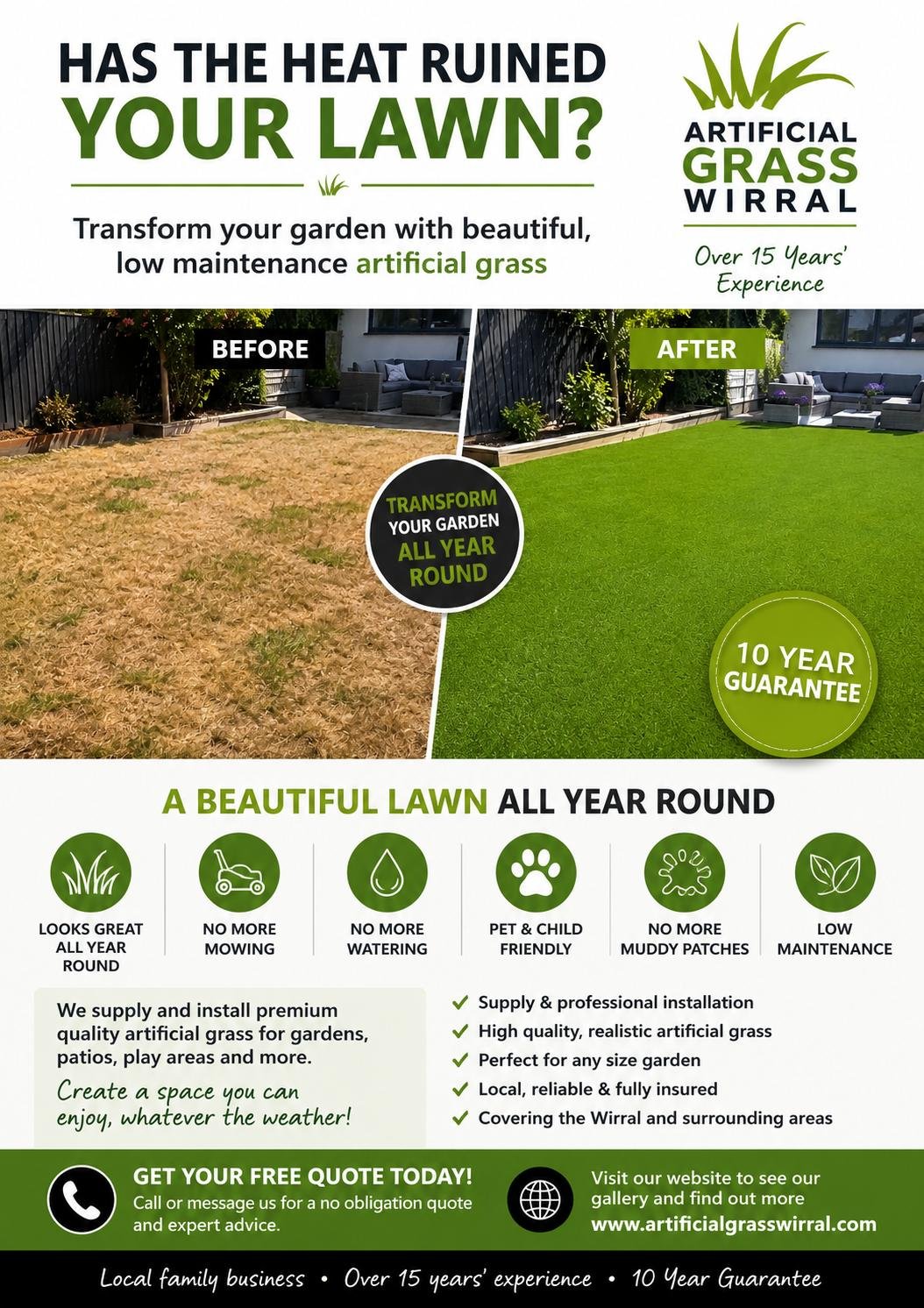 Heat Ruined Lawn v Beautiful Evergreen Artificial Grass