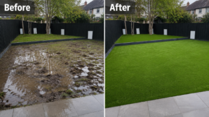 Artificial Grass Drainage 1 - Artificial Grass Wirral Artificial Grass and Before with drainage issue in Upton, Wirral